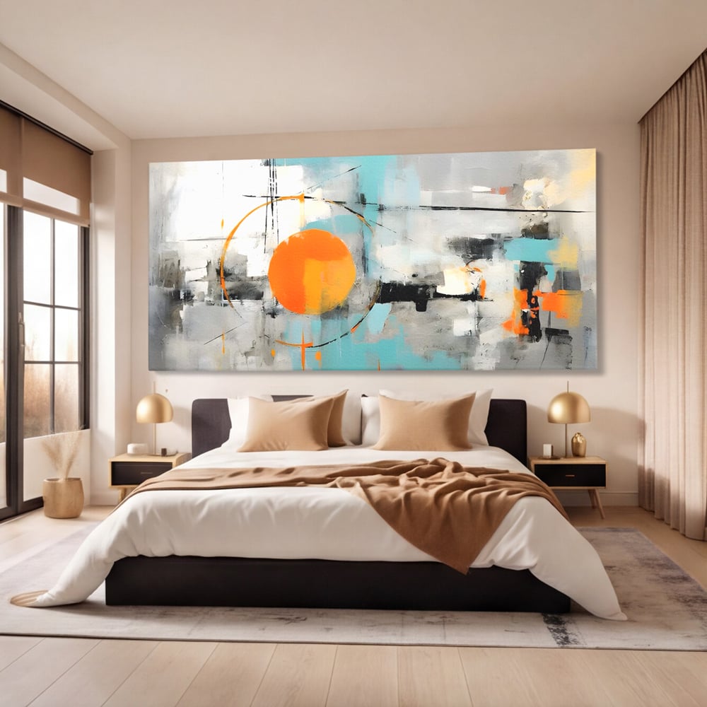 Tablou canvas cu pictura abstracta cu cerc portocaliu, fara rama, pe sasiu de lemn, pe perete intr-un dormitor
